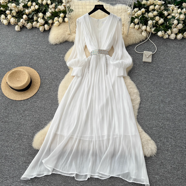 French Style V-neck Glossy Chiffon Dress