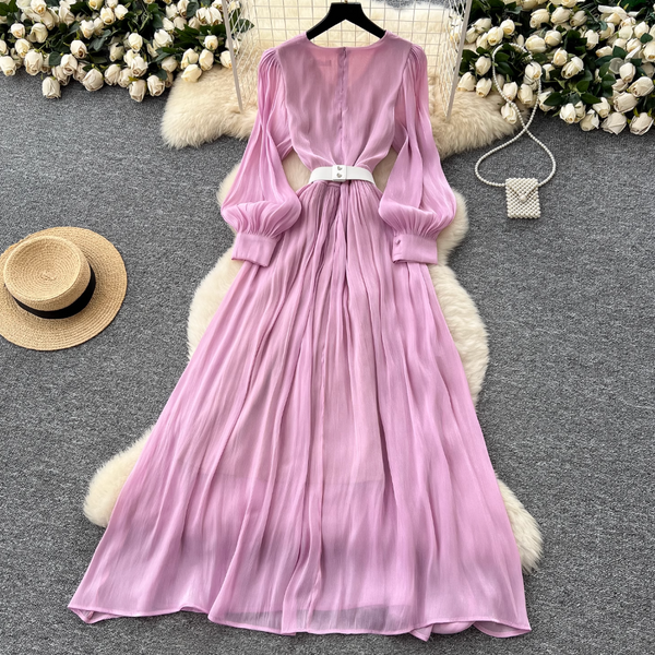 French Style V-neck Glossy Chiffon Dress