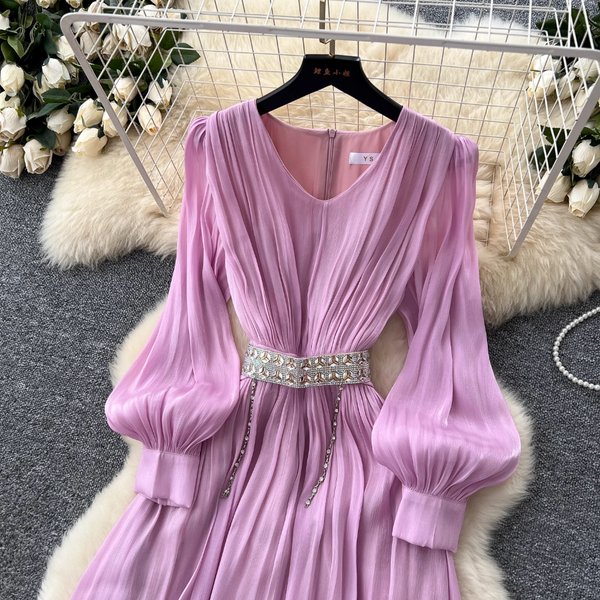French Style V-neck Glossy Chiffon Dress