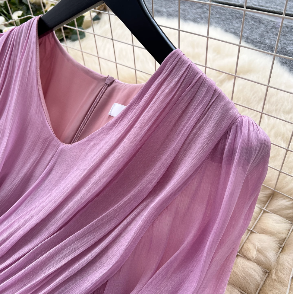 French Style V-neck Glossy Chiffon Dress