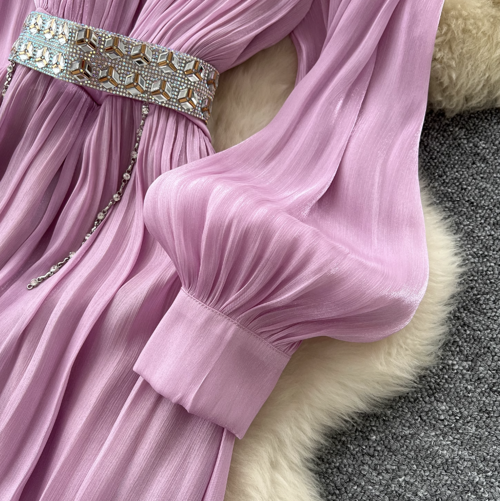 French Style V-neck Glossy Chiffon Dress