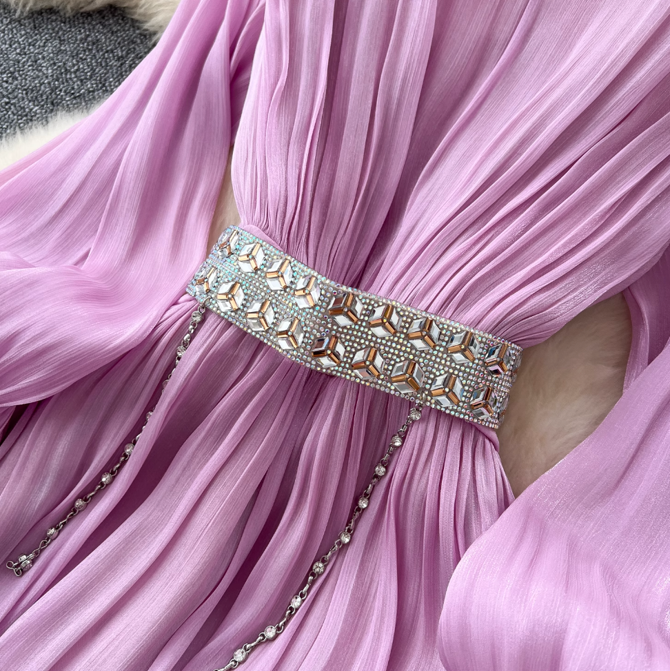 French Style V-neck Glossy Chiffon Dress