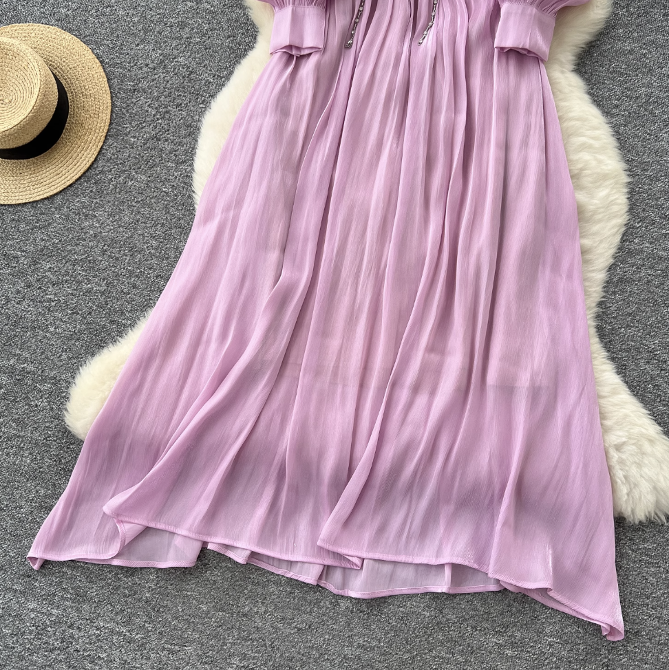 French Style V-neck Glossy Chiffon Dress