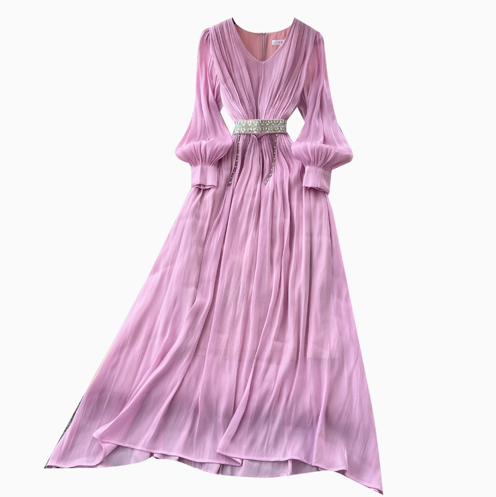 French Style V-neck Glossy Chiffon Dress