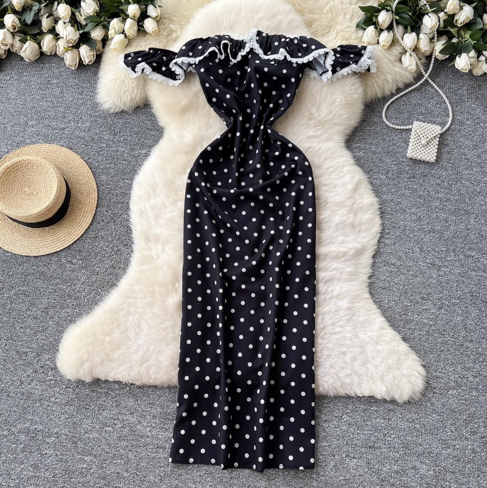 Off-shoulder Polka Dot Black Dress