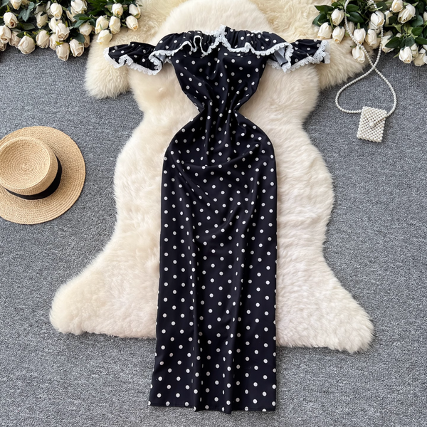 Off-shoulder Polka Dot Black Dress
