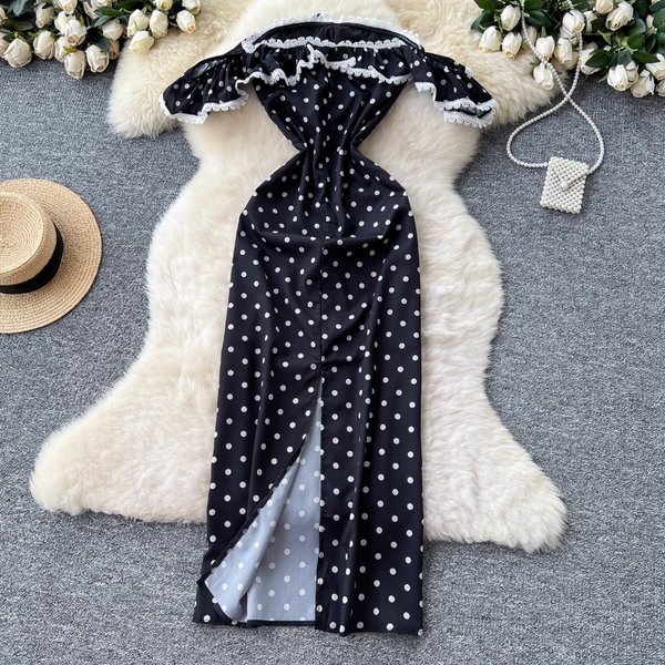 Off-shoulder Polka Dot Black Dress