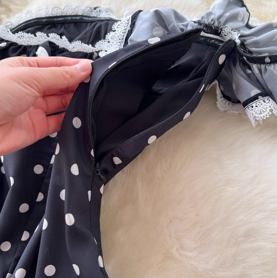 Off-shoulder Polka Dot Black Dress