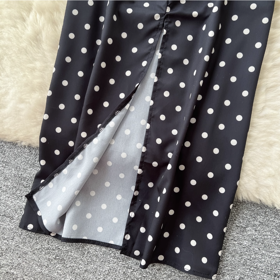 Off-shoulder Polka Dot Black Dress