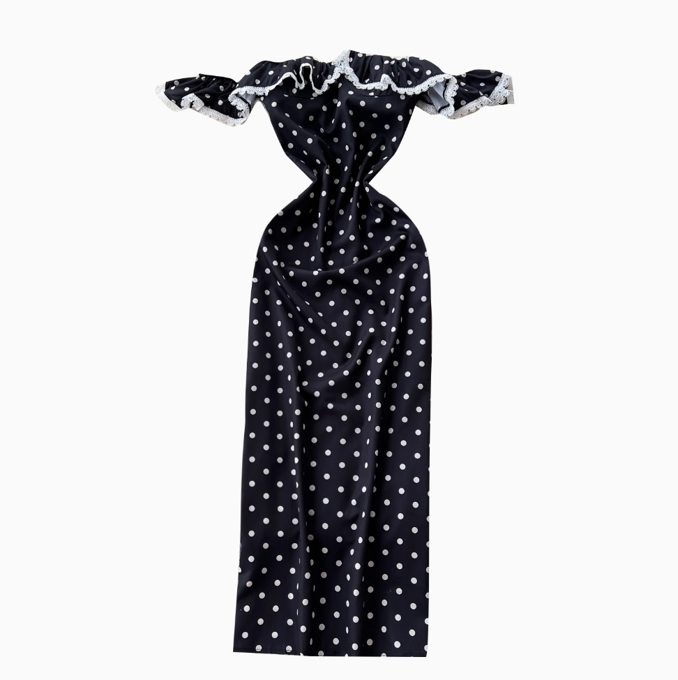 Off-shoulder Polka Dot Black Dress