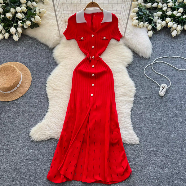 Vintage Polo Yaka Delikli Örgü Elbise