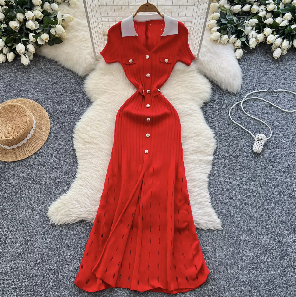 Vintage Polo Collar Hollowed Knitted Dress