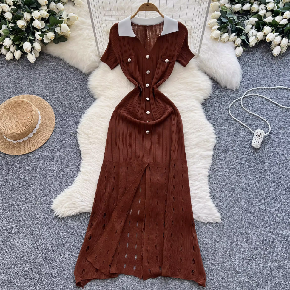 Vintage Polo Collar Hollowed Knitted Dress