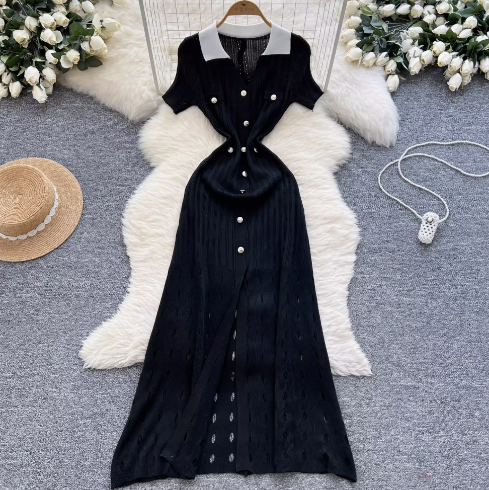 Vintage Polo Collar Hollowed Knitted Dress