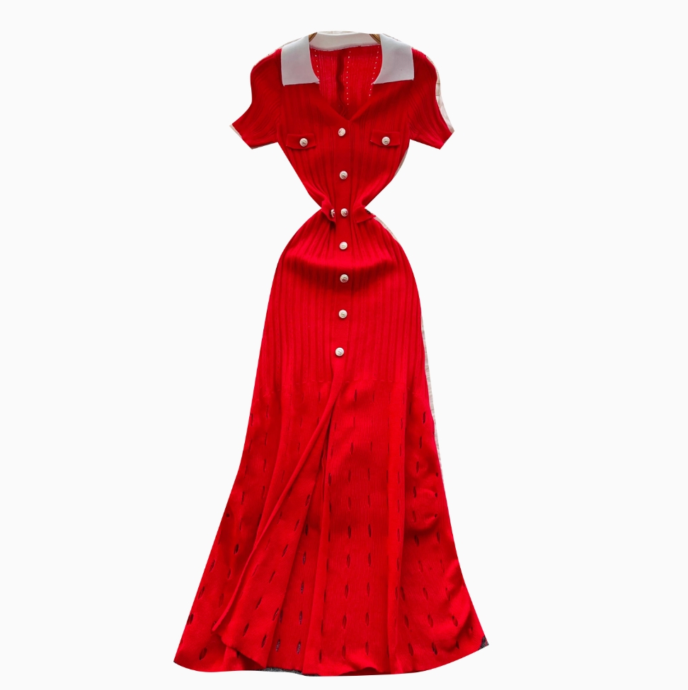 Vintage Polo Collar Hollowed Knitted Dress