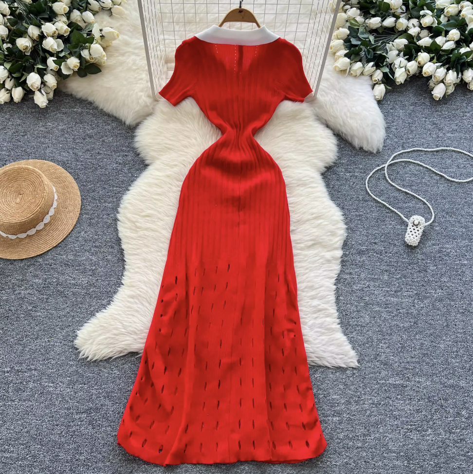Vintage Polo Collar Hollowed Knitted Dress