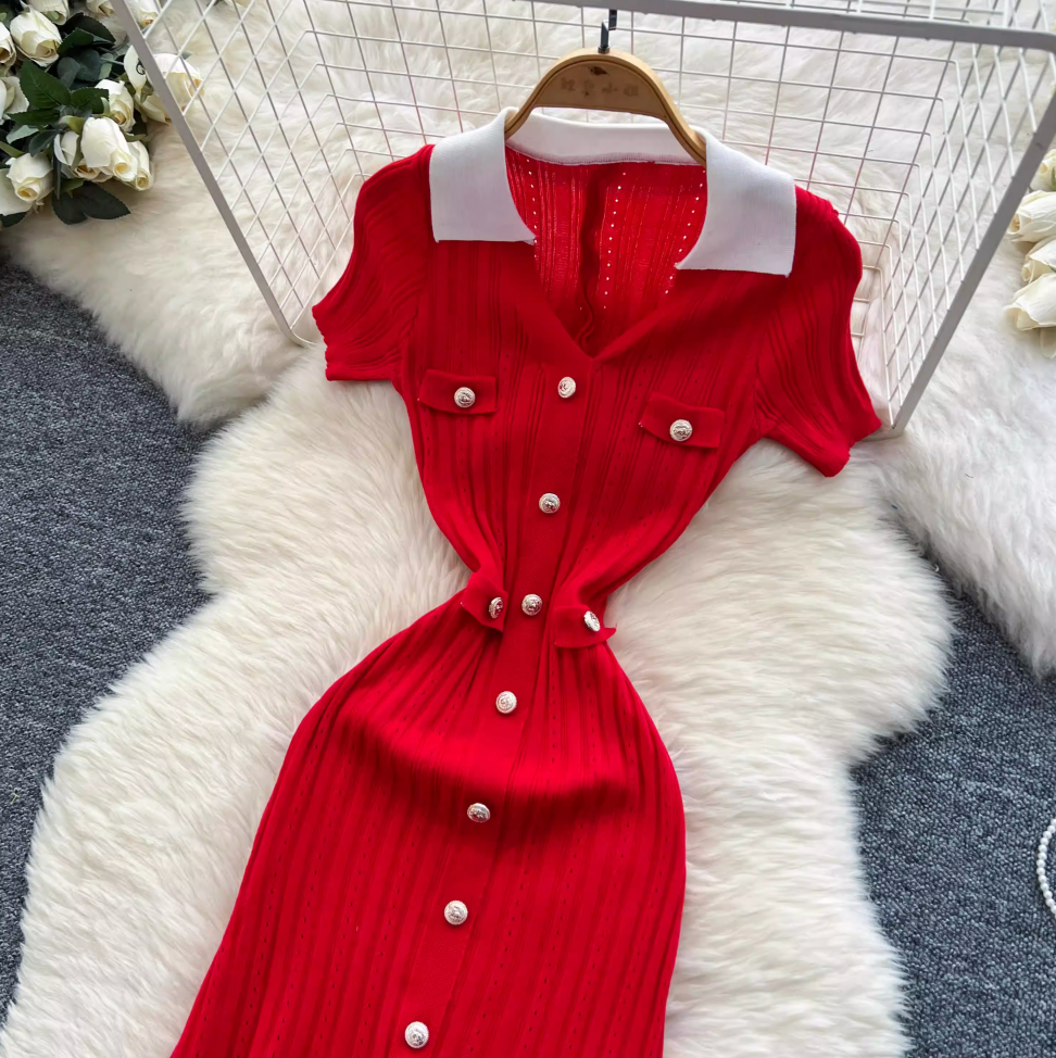 Vintage Polo Collar Hollowed Knitted Dress