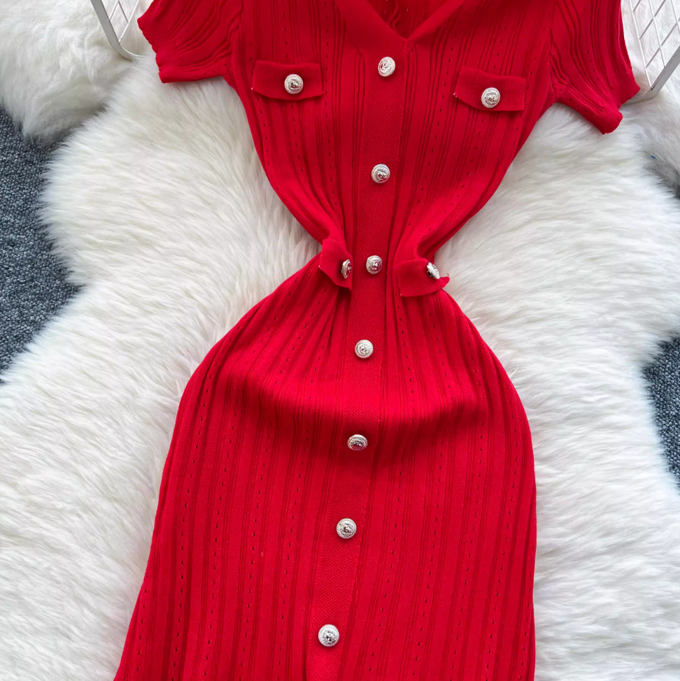 Vintage Polo Collar Hollowed Knitted Dress