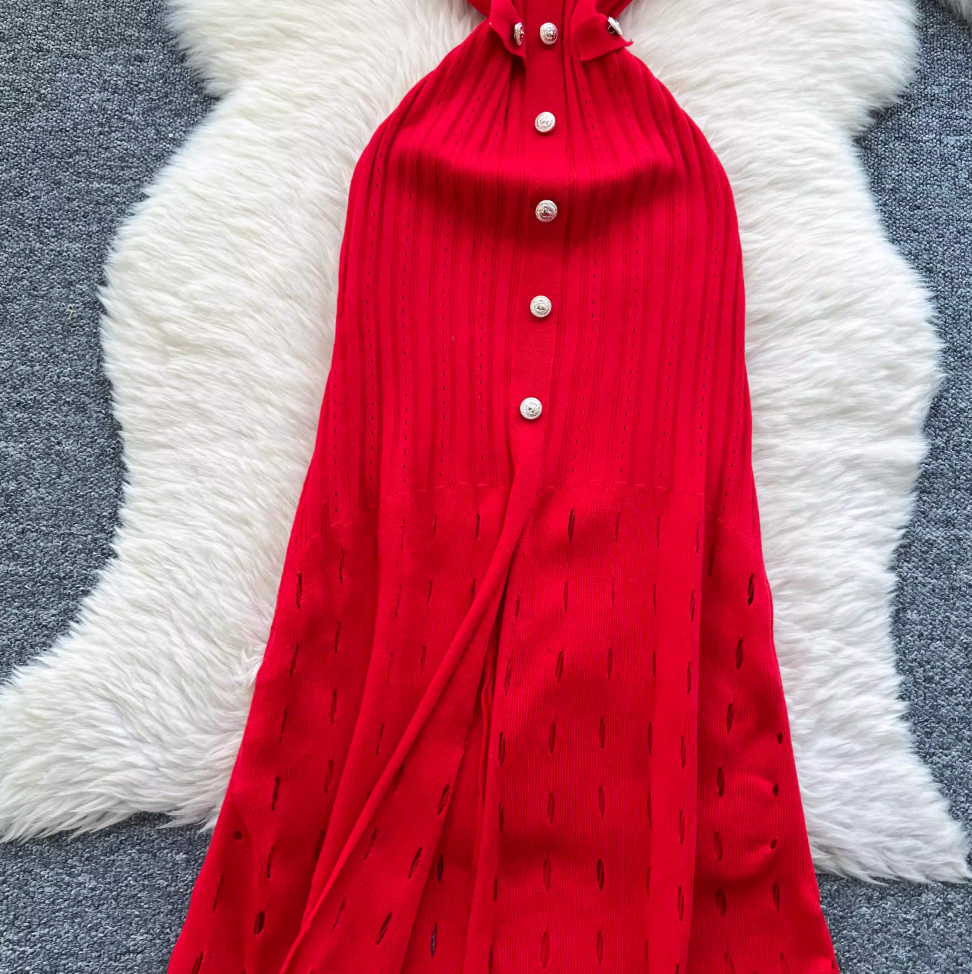 Vintage Polo Collar Hollowed Knitted Dress