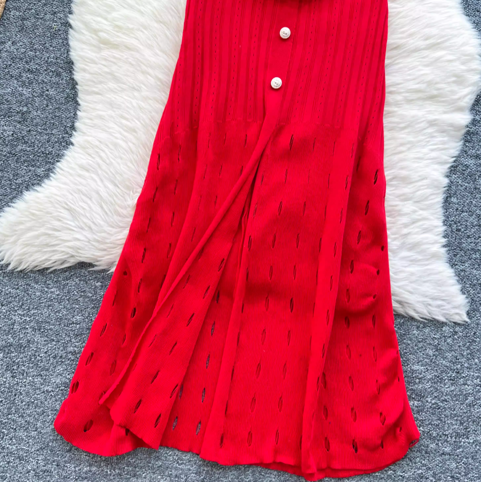 Vintage Polo Collar Hollowed Knitted Dress