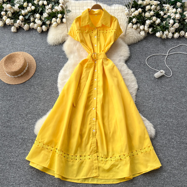Elegant Hollowed Patchwork Shirt Dress