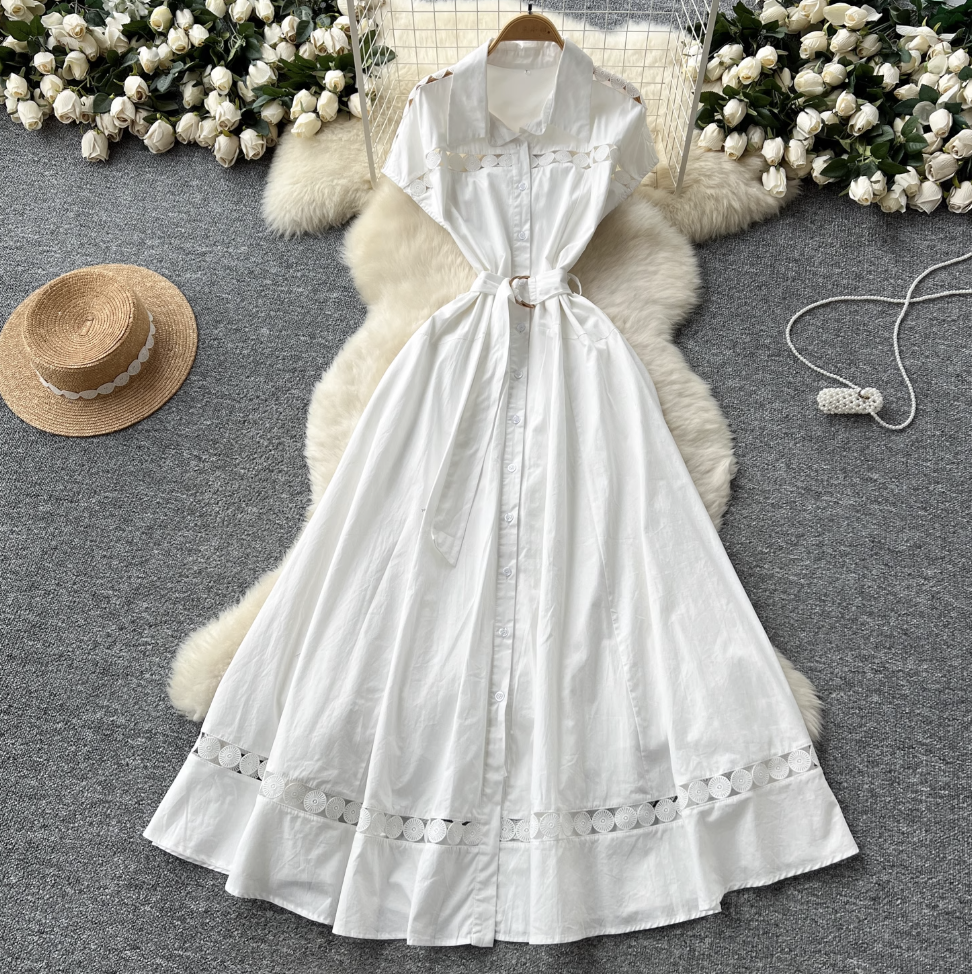Elegant Hollowed Patchwork Shirt Dress