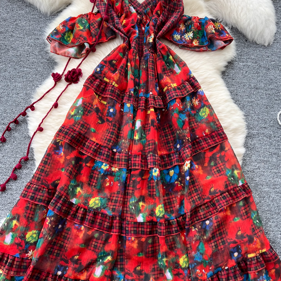 Niche Design Floral Plaid Slip Dress