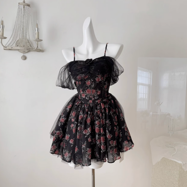Floral Printed Black Mesh Slip Dress