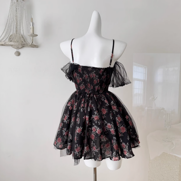 Floral Printed Black Mesh Slip Dress