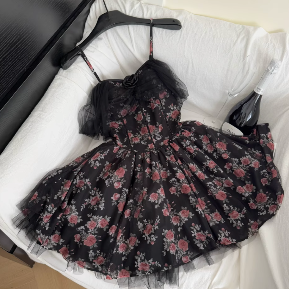 Floral Printed Black Mesh Slip Dress
