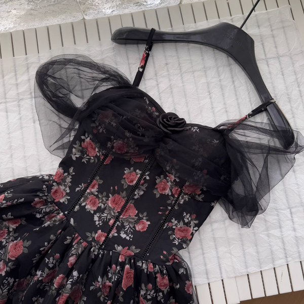 Floral Printed Black Mesh Slip Dress
