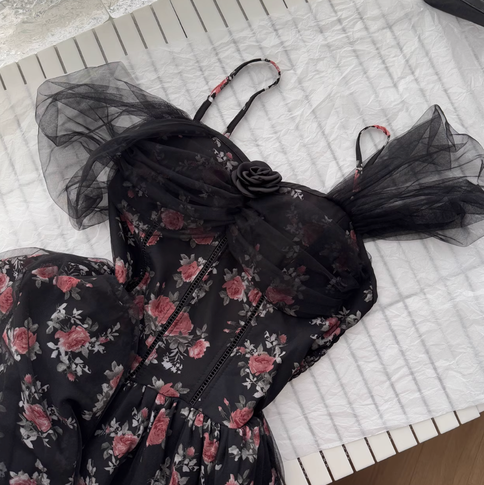 Floral Printed Black Mesh Slip Dress