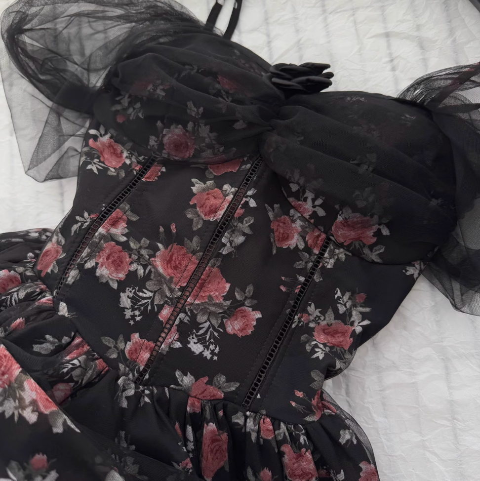 Floral Printed Black Mesh Slip Dress