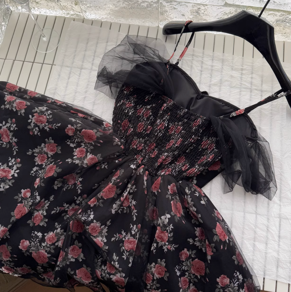 Floral Printed Black Mesh Slip Dress