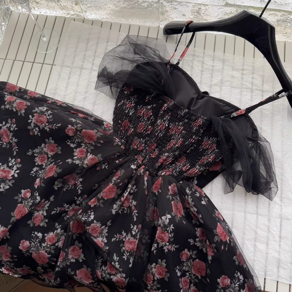 Floral Printed Black Mesh Slip Dress