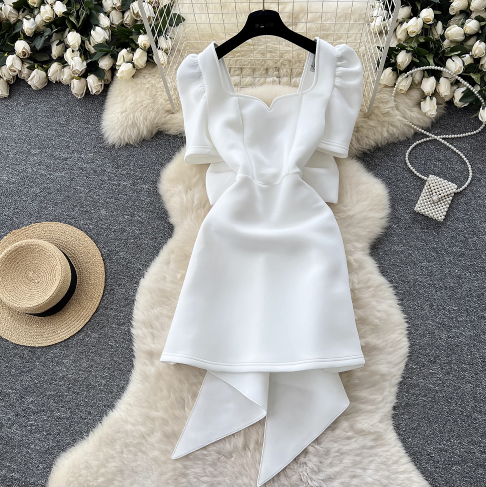 V-neck Back Bow White Dress