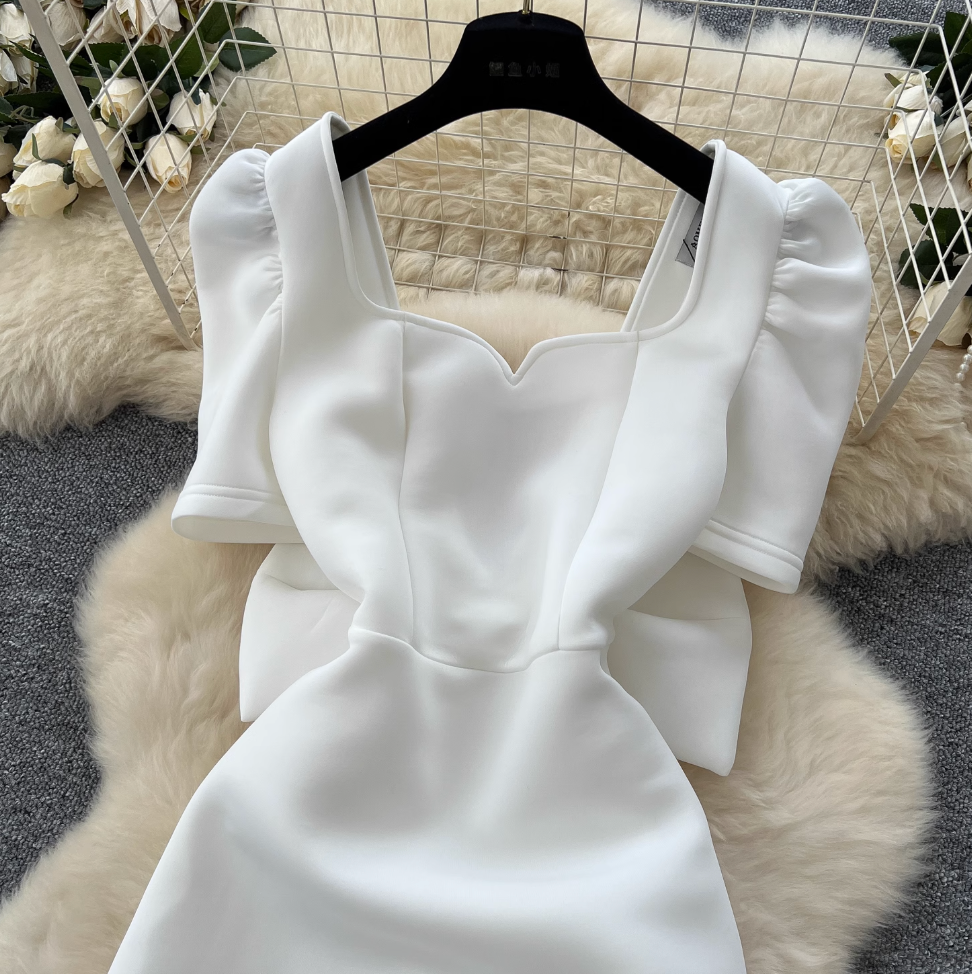 V-neck Back Bow White Dress