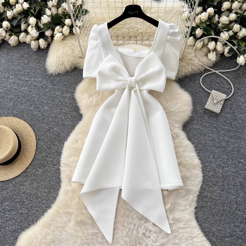 V-neck Back Bow White Dress