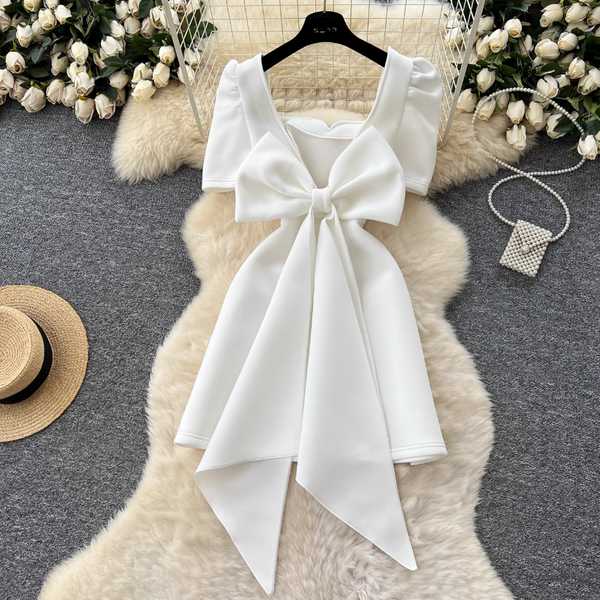 V-neck Back Bow White Dress