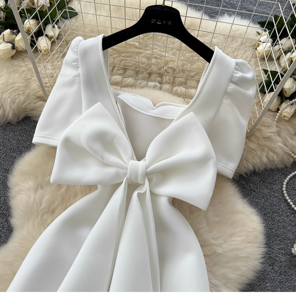 V-neck Back Bow White Dress