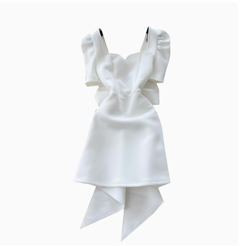 V-neck Back Bow White Dress
