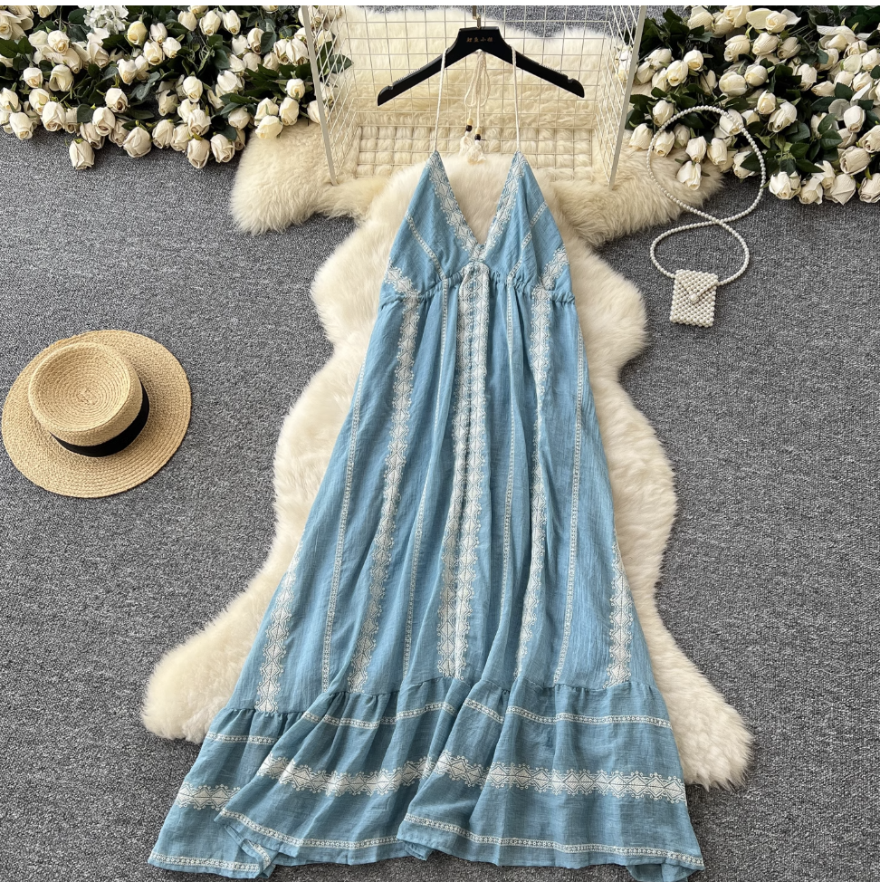 Blue Embroidered Lace-up Halter Dress