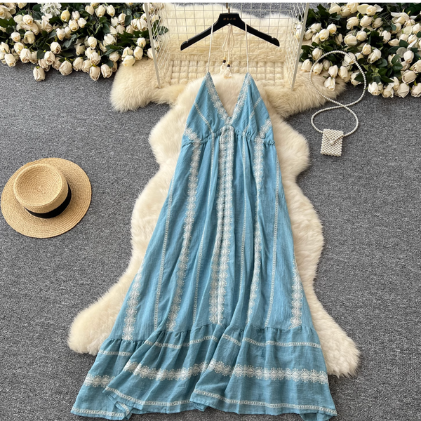 Blue Embroidered Lace-up Halter Dress