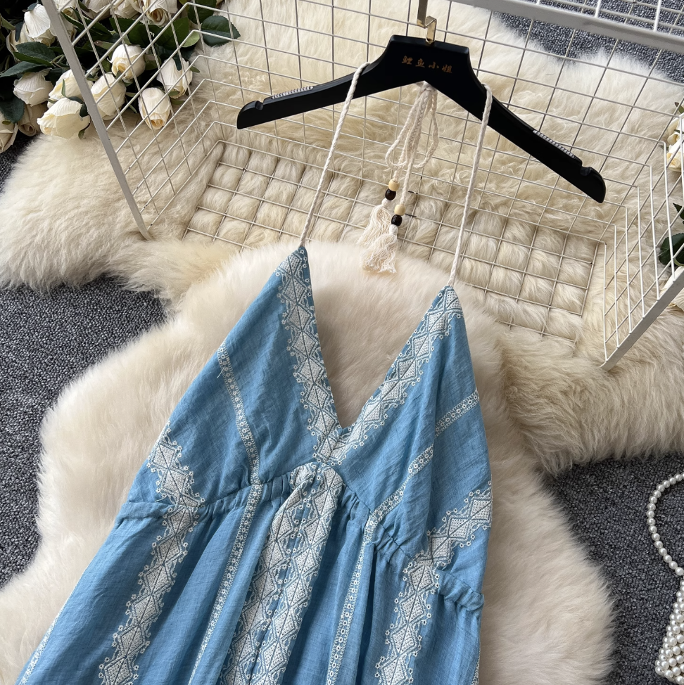 Blue Embroidered Lace-up Halter Dress