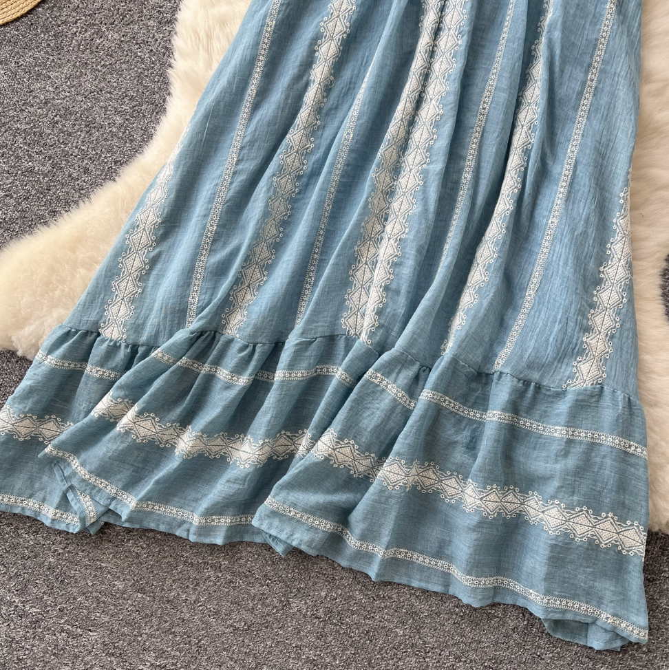 Blue Embroidered Lace-up Halter Dress