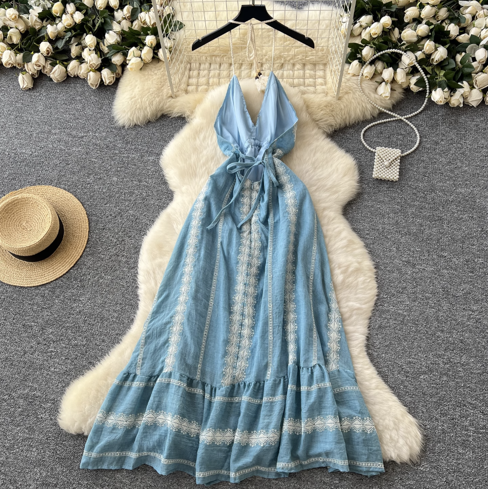 Blue Embroidered Lace-up Halter Dress