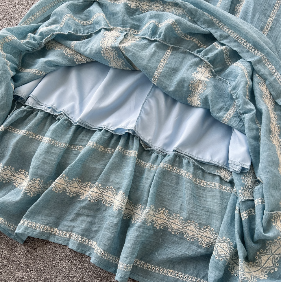 Blue Embroidered Lace-up Halter Dress
