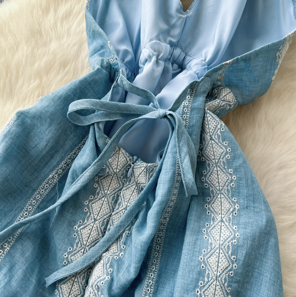 Blue Embroidered Lace-up Halter Dress
