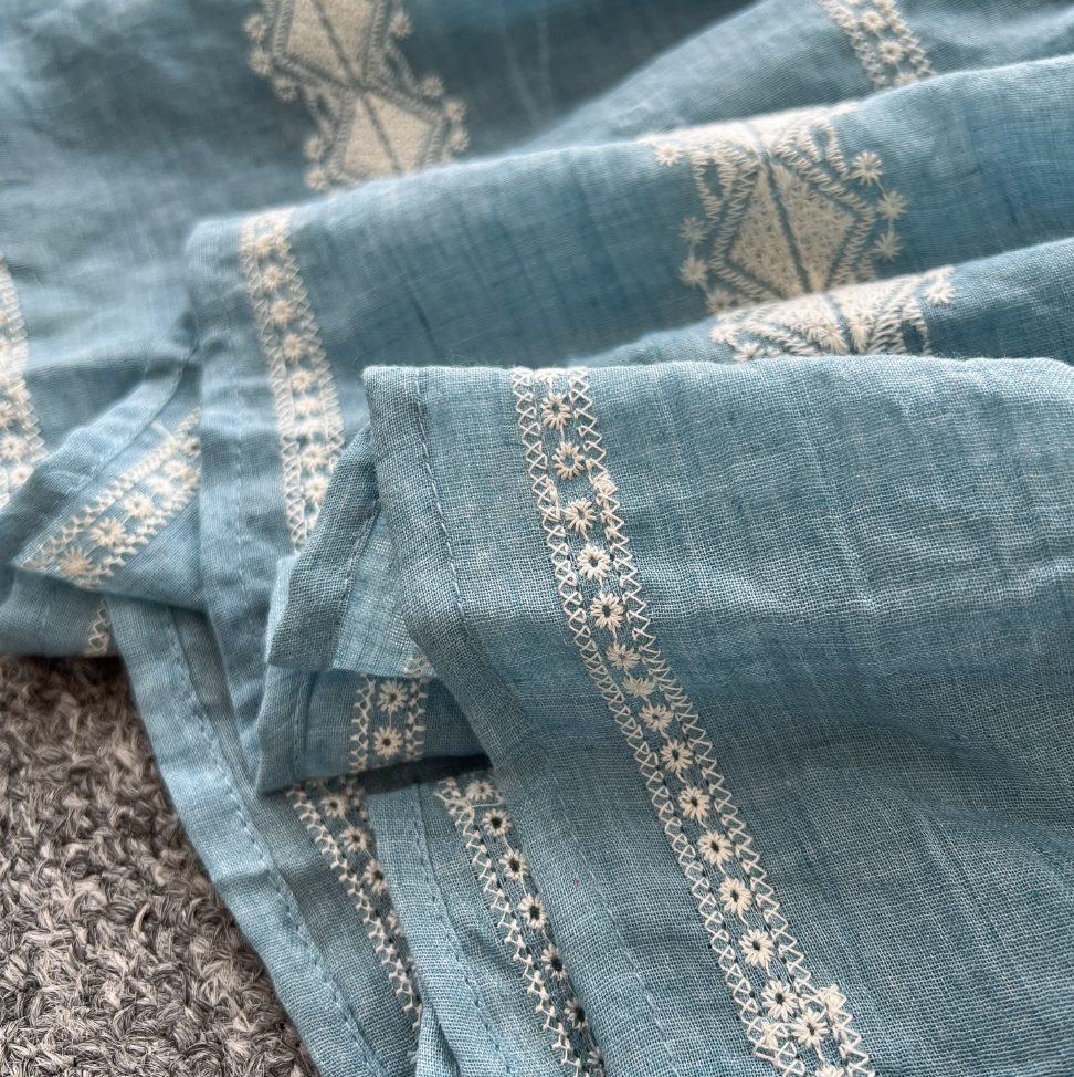 Blue Embroidered Lace-up Halter Dress