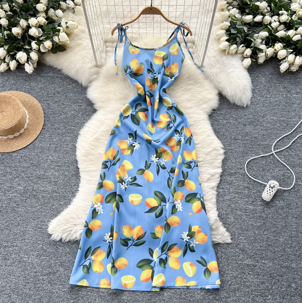 Lemon Printed Slim-fit Slip Dress